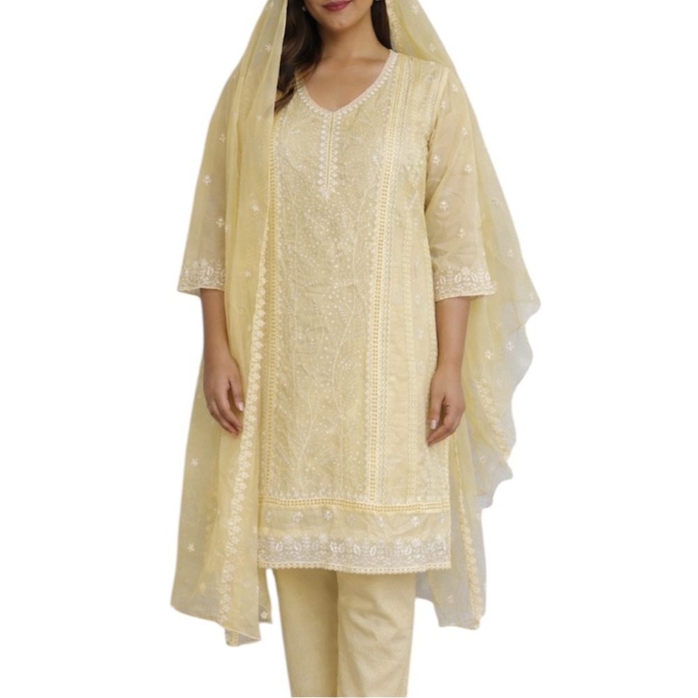 Handmade pale yellow embroidered unstitched kurta dupatta fabric set one size